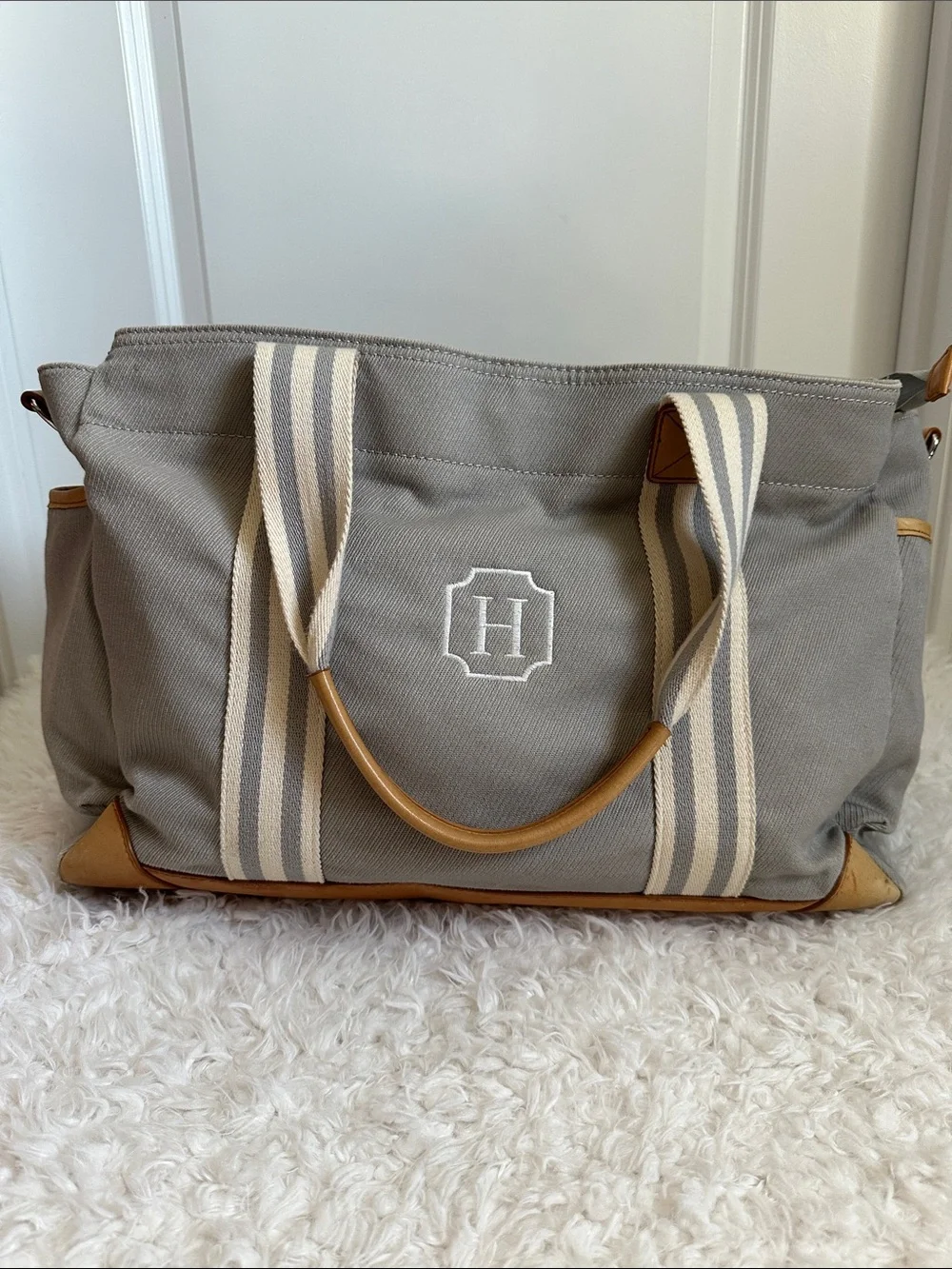 Pottery Barn Kids Monogram Canvas Diaper Bag in Gray with Striped Handles